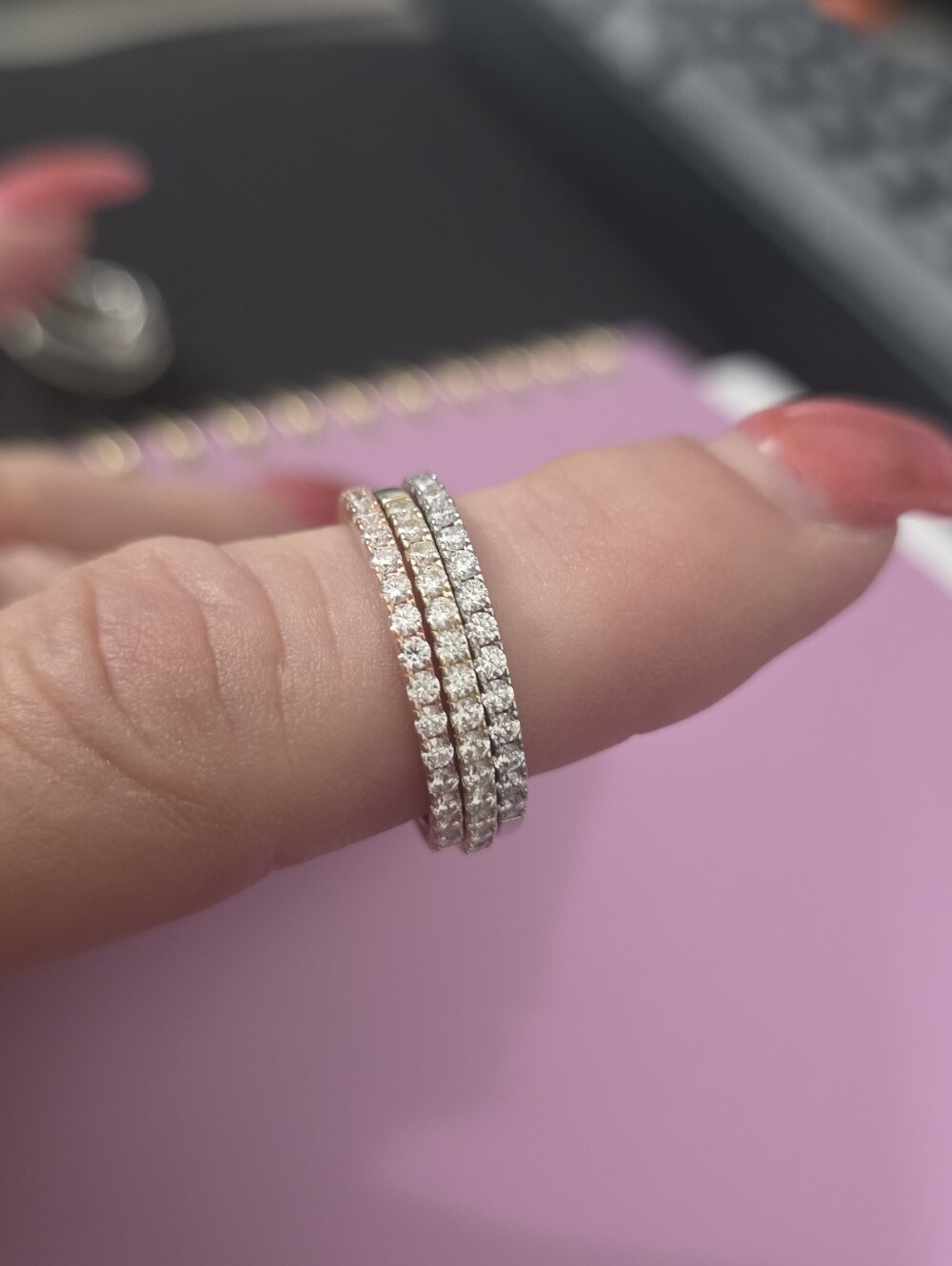 Three Stacking Moissanite Rings. Silver Gold Rose Gold
